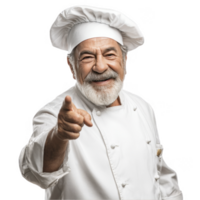 Senior chef in white uniform smiling and pointing at camera isolated on transparent background png