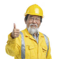 Smiling senior construction worker in yellow helmet giving thumbs up isolated on transparent background png
