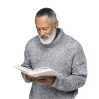 Mature man in grey sweater reading book with serious expression isolated on transparent background png