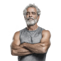 Muscular old man in sleeveless grey vest standing confidently isolated on transparent background png