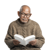 Old man reading a book in cozy brown sweater isolated on transparent background png