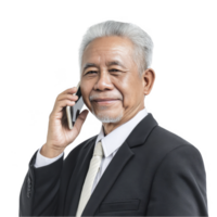 Senior businessman in black suit talking on mobile phone isolated on transparent background png
