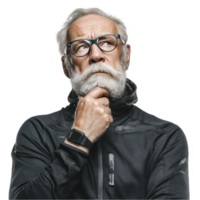 Old man in black shirt with hand on chin in deep thought pose isolated on transparent background png