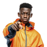Teenage boy in orange and navy jacket pointing forward isolated on transparent background png