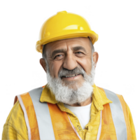 Cheerful senior construction worker in yellow helmet smiling isolated on transparent background png