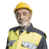 Confident old engineer in safety jacket and yellow helmet isolated on transparent background png