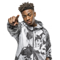 African Teen boy in black and white jacket pointing with cool expression isolated on transparent background png