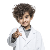 Cute smiling boy in lab coat pointing forward with confidence isolated on transparent background png
