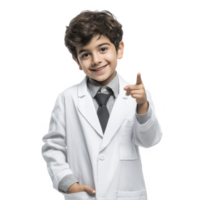 Happy little boy in doctor costume pointing forward with joyful smile isolated on transparent background png