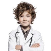 Smiling kid in white coat with stethoscope posing confidently isolated on transparent background png