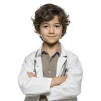 Cute little boy dressed as doctor in white coat smiling gently isolated on transparent background png