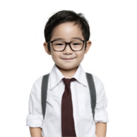 Cute schoolboy in suspenders and eyeglasses with serious look isolated on transparent background png