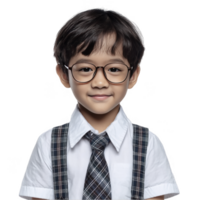 Happy little boy in suspenders and glasses smiling playfully isolated on transparent background png