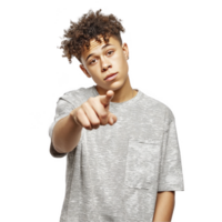 Teenage boy in grey speckled shirt pointing directly forward with confident expression isolated on transparent background png