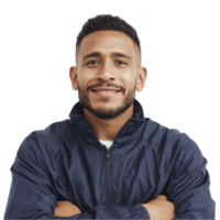 Smiling man in navy windbreaker with arms crossed isolated on transparent background png