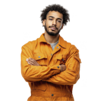 Stylish man in orange jacket posing confidently isolated on transparent background png