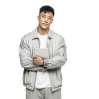 boy in grey tracksuit with relaxed smile and folded arms isolated on transparent background png