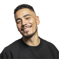 Smiling man in black t-shirt with trimmed beard isolated on transparent background png
