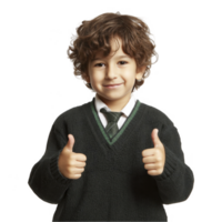 Happy kid in school sweater giving double thumbs up with big smile isolated on transparent background png