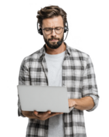 Smiling man with glasses and checkered shirt working on laptop isolated on transparent background png