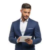Businessman in navy blue suit holding tablet with confident smile isolated on transparent background png