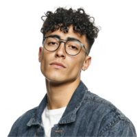 Curly-haired young man with glasses in denim jacket looking confident isolated on transparent background png