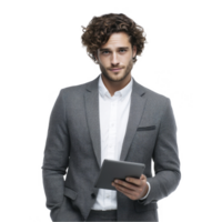Young businessman with curly hair holding tablet wearing grey suit isolated on transparent background png