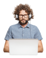 Curly haired man in blue checkered shirt working on laptop smiling isolated on transparent background png