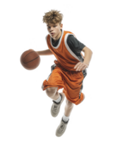 Jumping young basketball player in orange uniform performing slam dunk isolated on transparent background png