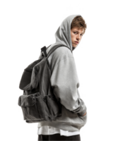 Smiling young student with grey hoodie and backpack posing from side isolated on transparent background png