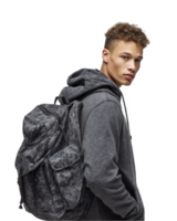 Stylish teenager with dark jacket and backpack looking over shoulder isolated on transparent background png