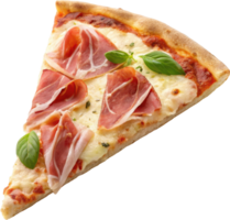 Freshly baked pizza slice topped with savory prosciutto melted cheese and fragrant basil leaves png