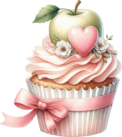 Decorative cupcake with heart shaped apple and flower png
