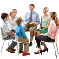Educators and parents discussing strategies for child development in a friendly and supportive environment png