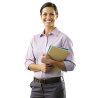 Female teacher with books in hand, standing by a green chalkboard, symbolizing knowledge and academic instruction png