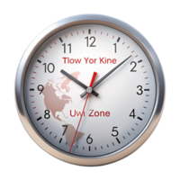 Wall clock design featuring custom time labels and precise hands, ideal for timekeeping and global zone tracking png