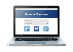 Online payment gateway interface on a laptop screen, showcasing secure transaction icons and a modern design png