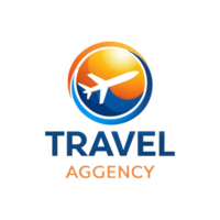 Travel agency branding logo showcasing an airplane in motion with dynamic swooshes and colorful design elements png