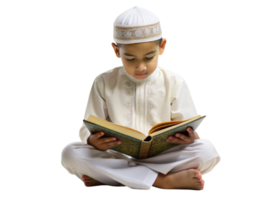 Portrait of a Muslim boy engaged in Quranic reading on a simple Transparent Background png