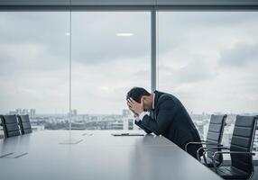 Man with headache holding his head in the office for Jobless man concept 3 photo