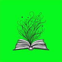 an open book with a green background and a black and white drawing of a tree vector