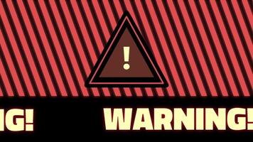 A dramatic 'Warning' screen with triangular icon and strong stripes, signaling critical alerts for amusement park safety or hazards video