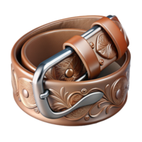 signature modern Leather belt with a silver buckle, intricate embossefloral design, worn texture, soft lighting, isolateon transparent background,high-resolution product photography studio quality png