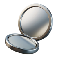 coveteminimalist A rouncompact mirror with a silver frame, reflecting a soft light, slightly angleview, isolateon transparent background,high-resolution product photography professional png