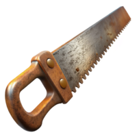 beautiful acclaimeA rusty antique hansaw with a wooden handle anworn teeth, dramatic lighting, side view, isolateon transparent background,high-resolution product photography png
