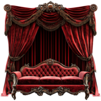 Royal Red Velvet Sofa with Draped Curtains Background png