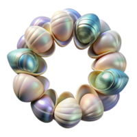 radiant remarkable Frame made of polisheseashells, natural iridescent colors, studio lighting, top-down view, render, with transparent background,high-resolution product photography png