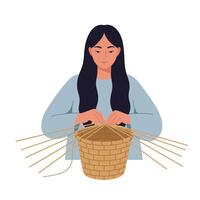 Woman creating handmade basket using weaving techniques in flat aimotion illustration vector