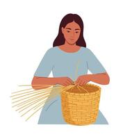Woman skillfully weaving a basket in flat design aimotion art vector