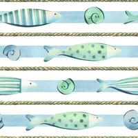 Cute decorative fishes of blue and turquoise colors swim with shells stripes and rope. Watercolor illustration hand-drawn on the theme of sea and fishing. Seamless pattern on a white background. vector